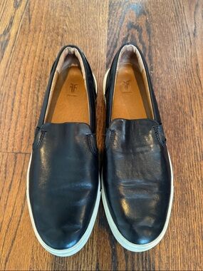 Frye Black Leather Slip-On Loafers with White Sole